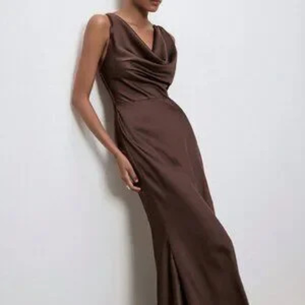 ZARA Coffee Brown Elegant Women's Halter Neck Sleeveless Backless Dress